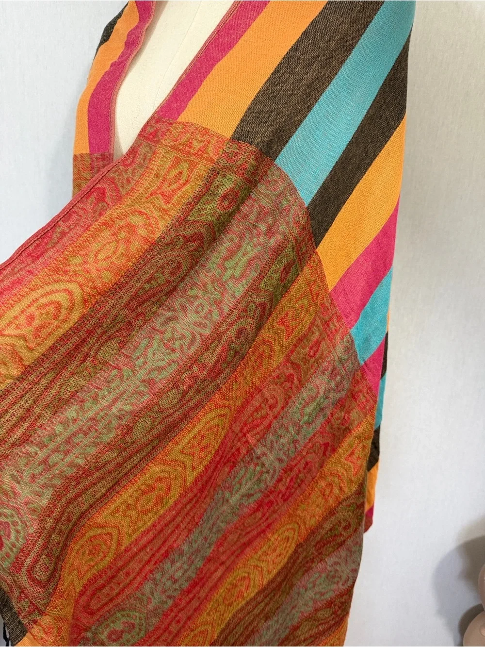 pashmina silk blend Paisley Stripe Shawl wrap scarf Orange turquoise Brown Cream